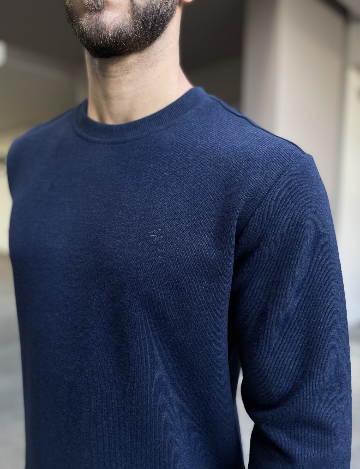 Ανδρική μπλε Indigo πλεκτή βαμβακερή μακρυμάνικη μπλούζα plus size 2308Ι φωτογραφία